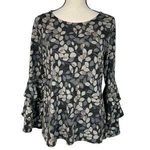 Style & Co Medium Sweater Leaf Print Long Bell Sleeves Stretch Round Neck Multi